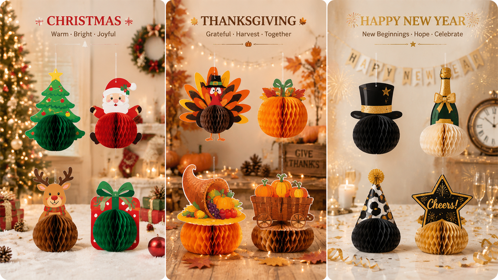 Festive honeycomb table decorations for Christmas, Thanksgiving, and New Year with 3D paper designs.