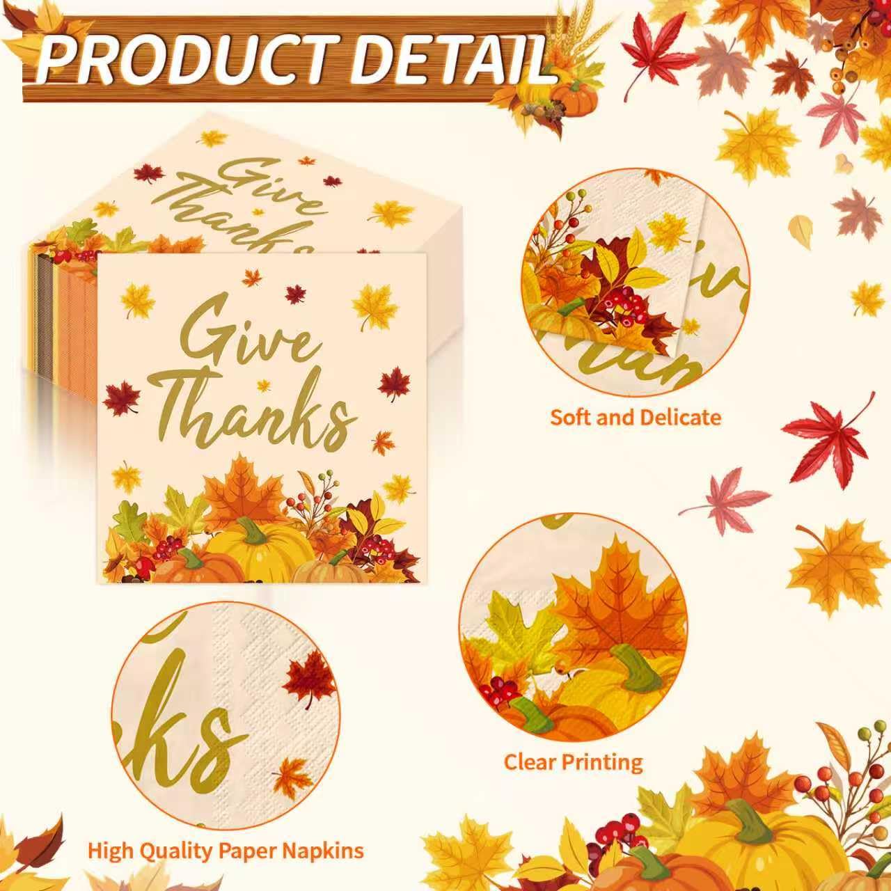 Custom Paper Napkins - Thanksgiving Fall Pumpkin Give Thanks Disposable Napkins - Image 6
