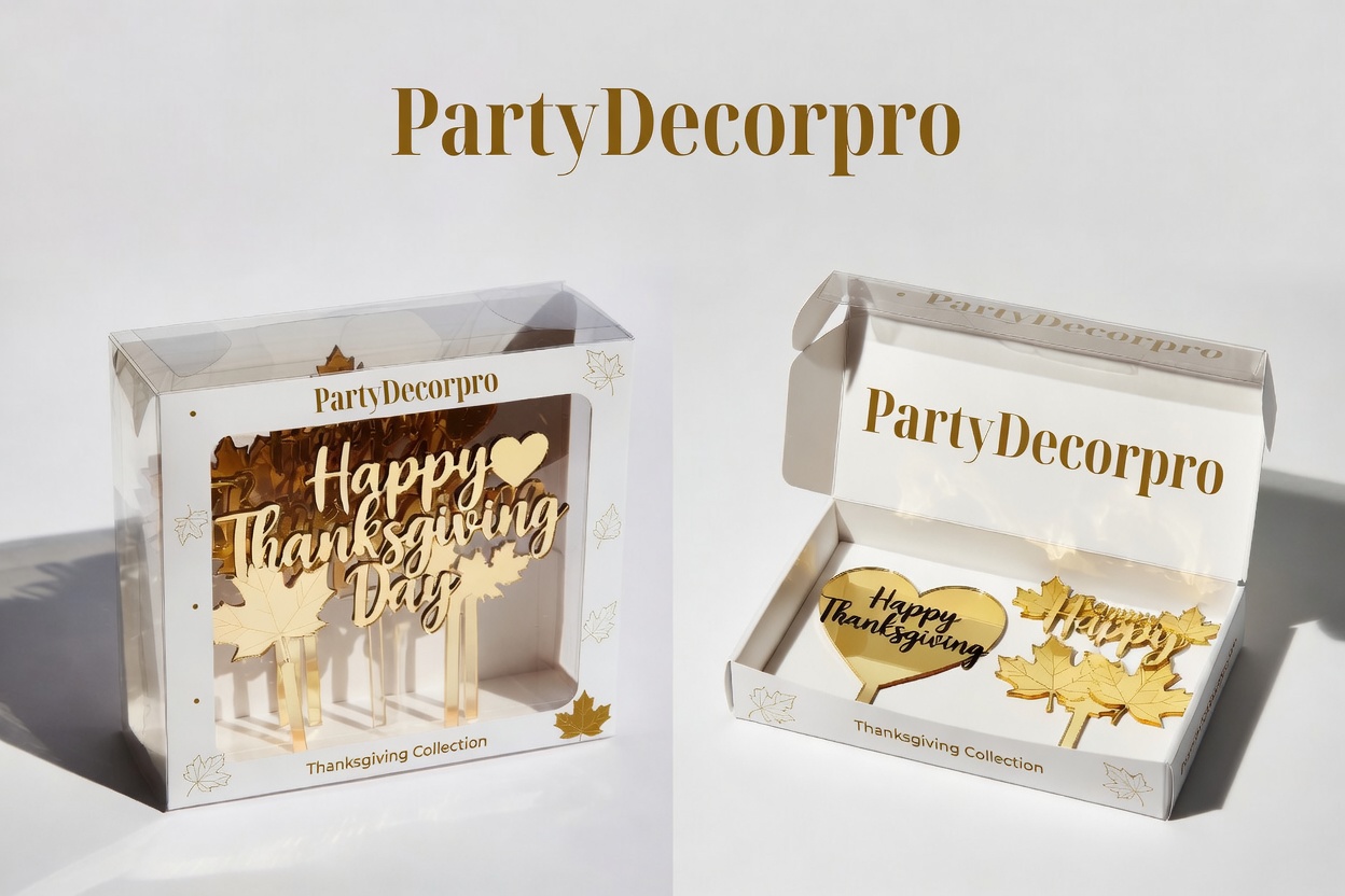 Two premium packaging options for Thanksgiving cake toppers in window gift box and sleeve tray set
