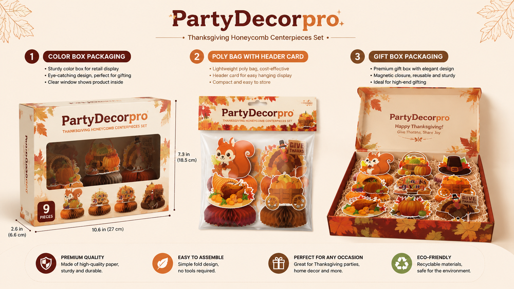 Thanksgiving honeycomb paper centerpiece sets in color box, poly bag, and gift box packaging