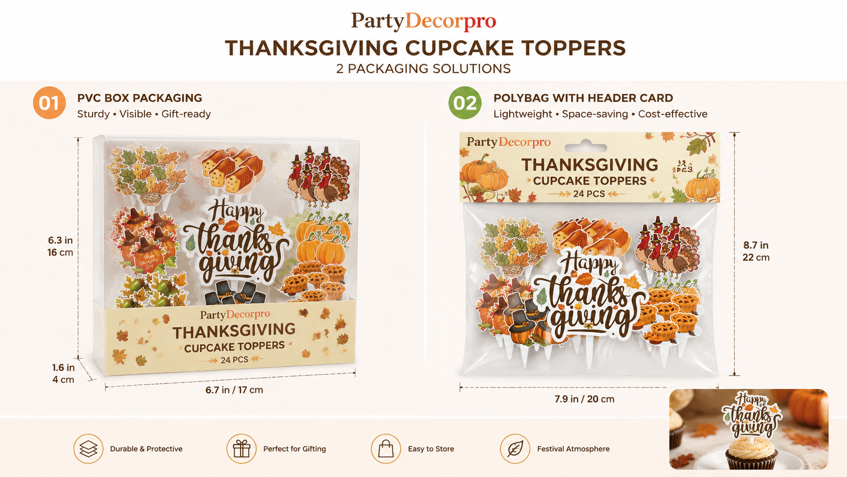 Thanksgiving cupcake toppers packaging with festive designs, customizable options for branding