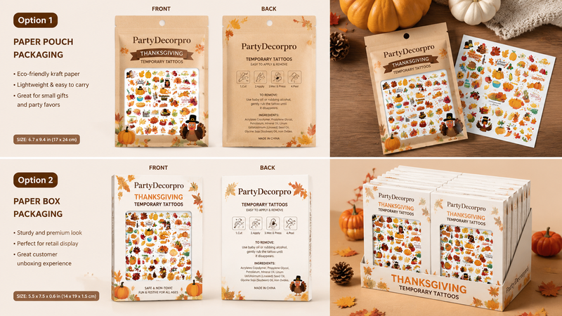 Thanksgiving-themed temporary tattoos packaging in kraft paper pouches and premium paper boxes, customizable for branding.