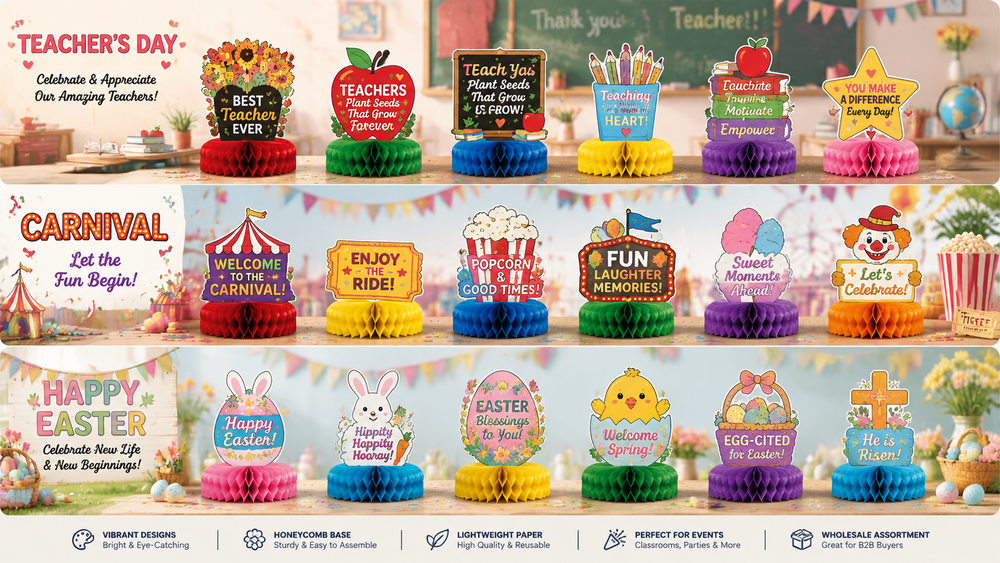 Teacher's Day, Carnival, and Easter themed honeycomb paper centerpieces with colorful designs and lightweight honeycomb bases for events and wholesale.