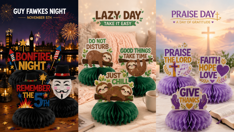 Honeycomb paper decorations for Guy Fawkes Night, National Lazy Day, and Praise Day