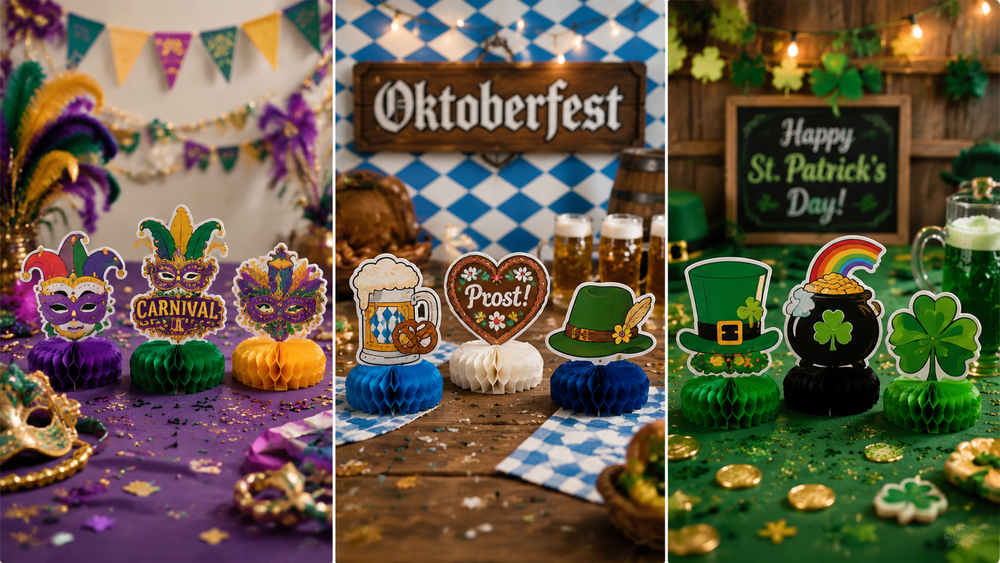 Carnival, Oktoberfest, and St. Patrick’s Day themed honeycomb paper table centerpieces with colorful cutouts and festive decor.