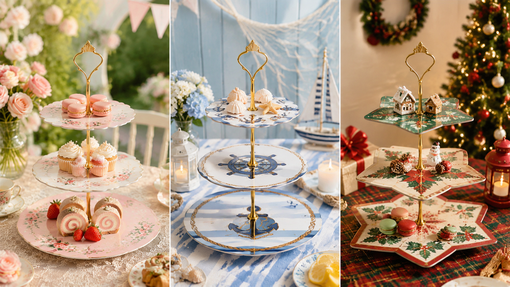 Three-tier dessert stands with spring, nautical, and Christmas themes displayed on styled tabletops.