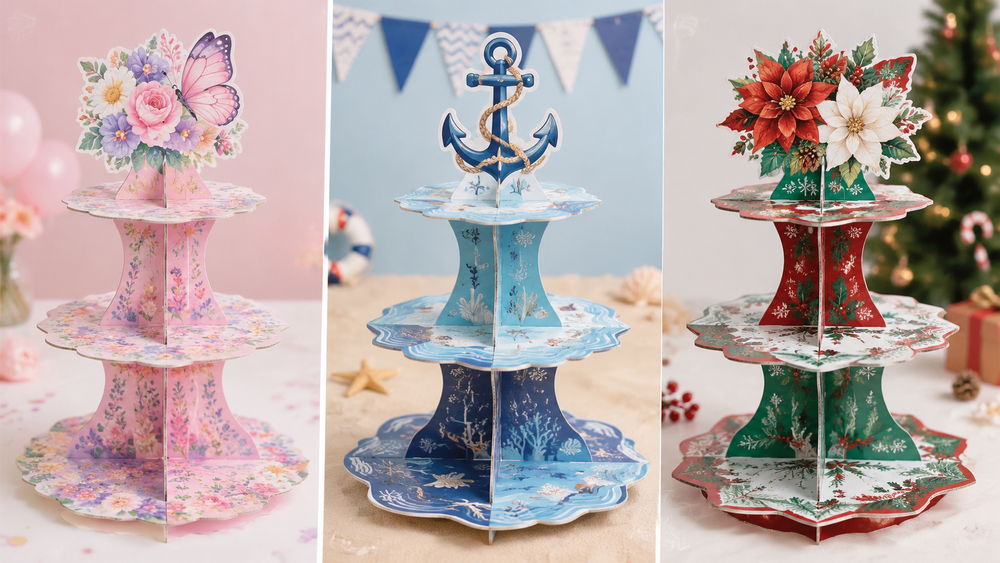 Three themed three-tier cake stands with spring, nautical, and Christmas designs for B2B event display.