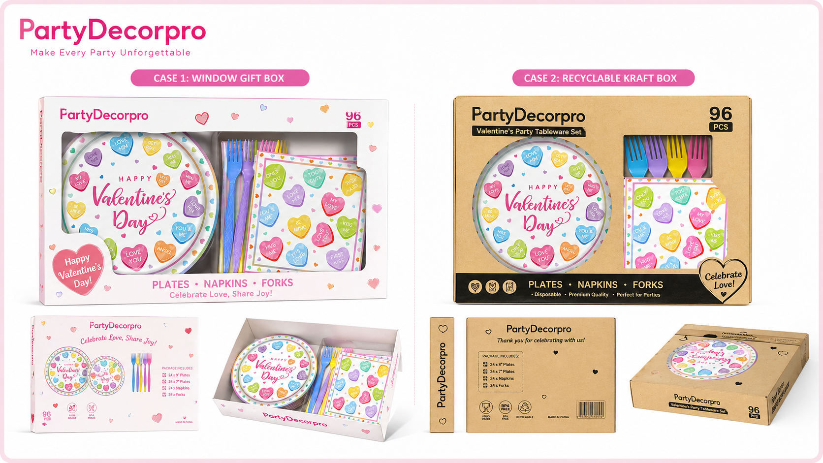 Valentine themed disposable tableware packaging window gift box and recyclable kraft box display plates napkins forks retail ready packaging options