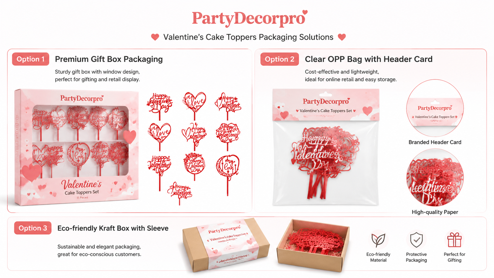 Valentine’s Day cake toppers packaging options with customizable designs