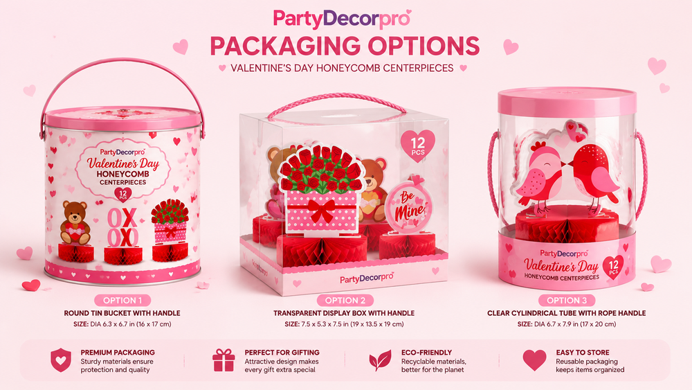 Valentine's Day honeycomb paper centerpieces in three packaging options