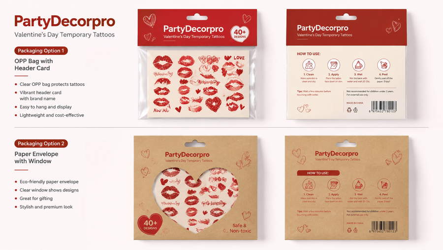 Valentine's Day temporary tattoos in OPP bag and eco-friendly paper envelope packaging with clear window and stylish design