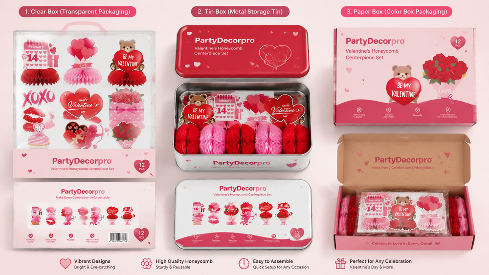 Valentine's honeycomb decorations displayed in clear box, metal tin, and paper box packaging.