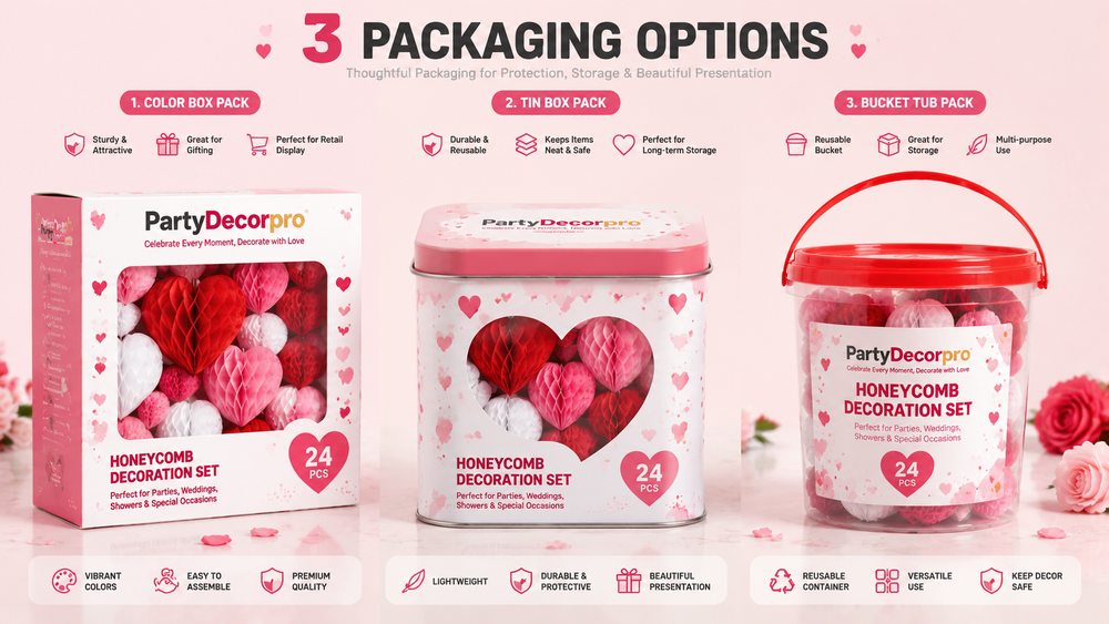 Colorful honeycomb decorations in box, tin, and bucket packaging for parties and events
