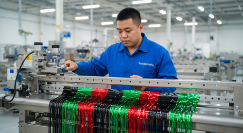 This is our precision slitting process where skilled technicians cut metallic foil films into uniform fringe strips, ensuring consistent quality and reliable performance for our wholesale backdrop foil products.