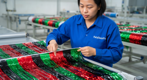 This is our assembly stage where experienced workers align and secure metallic strips to the header band, maintaining precision and uniformity for dependable wholesale metallic tinsel fringe curtains.