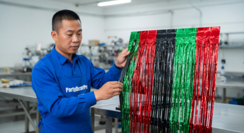 This is our adhesive application process where our team carefully applies backing to the completed fringe backdrop foil, guaranteeing strong adhesion and consistent quality for bulk wholesale orders.