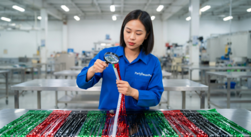 This is our final quality inspection where dedicated inspectors verify length uniformity, shine quality, and adhesive coverage on each metallic fringe curtain, ensuring wholesale reliability and product excellence.