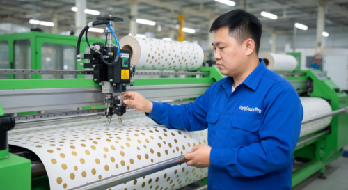 This is our precision printing station where gold polka dot patterns are accurately applied to food-grade paperboard with exact color and design matching. Strict quality control ensures pattern consistency and wholesale reliability across every bulk order.