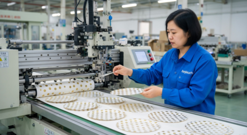 This is our high-speed die-cutting process that precisely shapes printed paper into uniform plates and napkins for the white and gold sets. Expert operation and inline inspections maintain dimensional accuracy and dependable quality for wholesale clients.