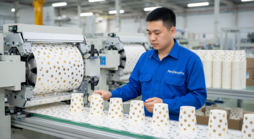 This is our automated cup forming line employing heat sealing on polka dot material to create consistent 9-ounce cups. Continuous monitoring guarantees structural integrity and production precision for reliable wholesale supply chains.