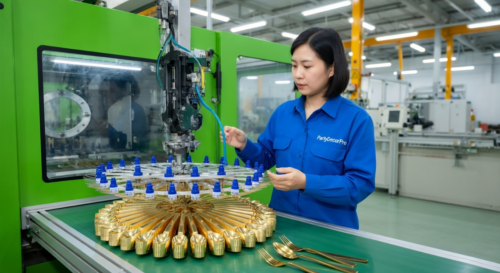 This is our injection molding supervision producing metallic-finish plastic cutlery components that match the polka dot tableware collection. Advanced controls and rigorous checks deliver exceptional consistency and quality assurance for bulk buyers.