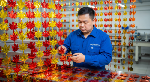 This is our precision cutting station where skilled technicians cut shiny metallic foil into uniform maple leaf shapes using industrial equipment, ensuring exact consistency and quality control for reliable wholesale production of gradient party curtains.