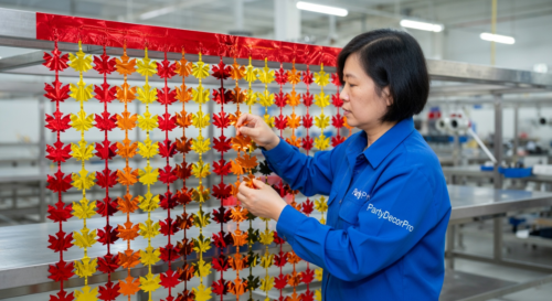 This is our assembly process where experienced workers arrange and attach individual maple leaves in gradient patterns onto the backing strip, delivering precise fringe structure with consistent quality for wholesale holiday decorations.