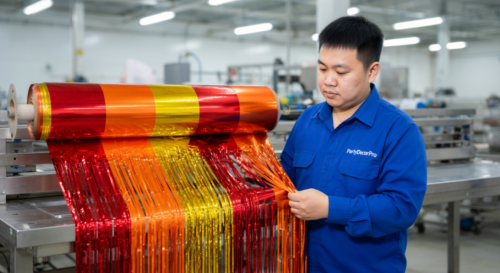 This is our meticulous roll preparation and inspection process where we examine shiny metallic material to ensure precise cutting into uniform fringe strips, delivering consistent quality for wholesale foil backdrops.