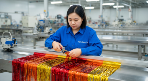 This is our precision cutting operation creating uniform fringe strips on metallic tinsel foil while preserving edge integrity, supporting high consistency and reliability in every wholesale package of party backdrops.