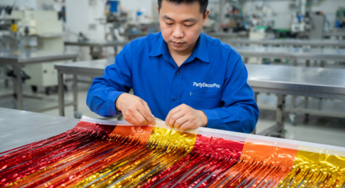 This is our controlled adhesive backing application along the top edge of cut panels, performed under strict conditions to guarantee strong adhesion and consistent performance across all foil fringe curtains.