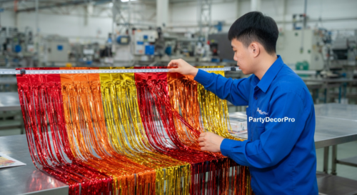 This is our thorough quality inspection verifying panel dimensions and fringe consistency on finished metallic foil curtains, ensuring premium standards and wholesale reliability for Thanksgiving party backdrops.