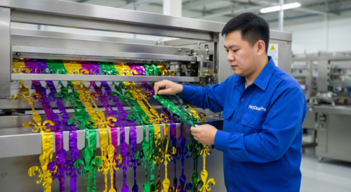 This is our precision fringe cutting process where our technician feeds metallic film sheets into the tinsel making machine to produce exact strips, ensuring uniformity and quality for wholesale reliability.