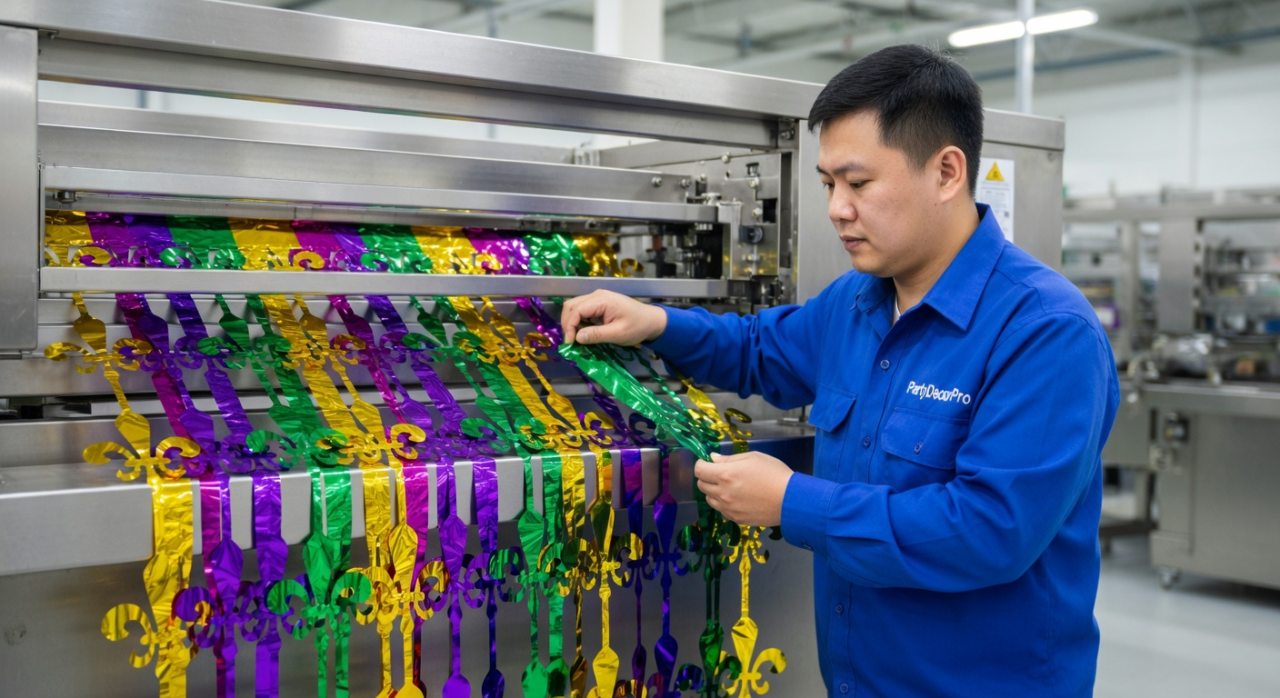 This is our precision fringe cutting process where our technician feeds metallic film sheets into the tinsel making machine to produce exact strips, ensuring uniformity and quality for wholesale reliability.