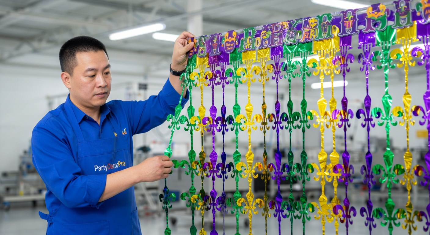 This is our edge reinforcement procedure where our specialist reinforces the top edge of the cut metallic tinsel curtain to maintain alignment across the full width for dependable wholesale consistency.