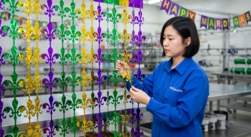 This is our final quality inspection where our inspector performs visual checks for fringe consistency on the finished metallic fringe curtain, upholding strict standards for reliable wholesale supply.