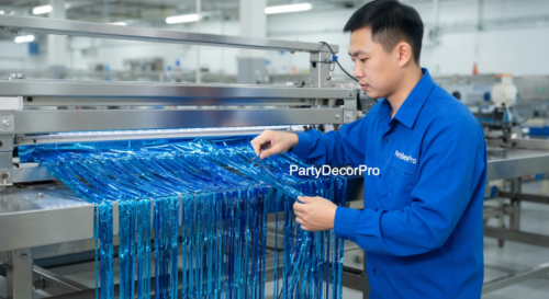 This is our precision cutting stage where skilled technicians slice premium PET foil into uniform fringe strips, ensuring exact consistency and quality for every metallic curtain in our reliable wholesale production.