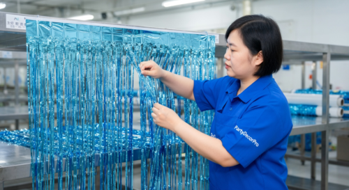 This is our assembly process where expert workers attach shiny fringe strips to the header using advanced taping systems, delivering durable and uniform metallic curtains for dependable wholesale supply.