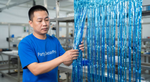 This is our quality control inspection where specialists verify strip alignment and surface quality on assembled metallic curtains, maintaining precision and consistency across all wholesale batches.