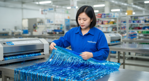 This is our final folding stage where careful handling prepares finished blue metallic foil fringe curtains for vacuum packaging, preserving quality and reliability for efficient wholesale distribution.