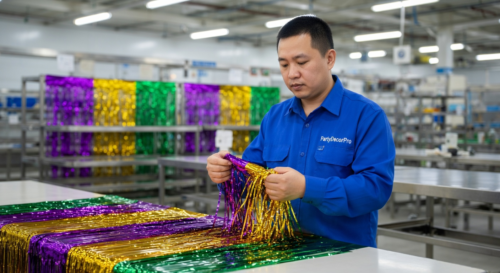 This is our skilled worker carefully selecting and preparing shiny metallic foil strips in precise purple gold and green tones, ensuring exact color consistency and material quality for reliable wholesale Mardi Gras party curtain production.