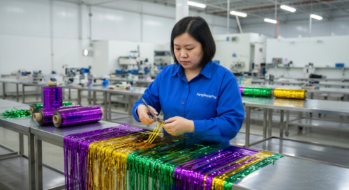 This is our dedicated technician using precision cutting tools to trim metallic foil strips to uniform lengths, maintaining dimensional accuracy and consistency for high-volume wholesale party curtain orders.