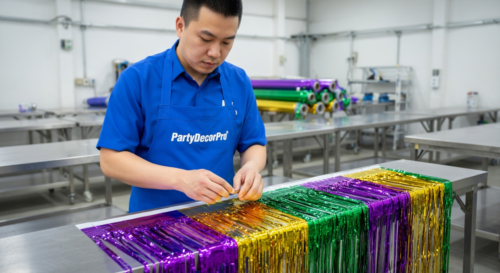 This is our experienced assembler precisely aligning and attaching individual metallic foil strips onto the self-adhesive backing, ensuring strong adhesion and uniform quality in every Mardi Gras fringe curtain panel.