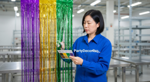 This is our quality control specialist conducting detailed inspection of completed tri-color party curtains, verifying color distribution and adhesion strength for consistent wholesale reliability and excellence.