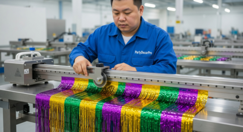 This is our precision foil cutting process where skilled technicians use flywheel knives to create even fringe strips from metallic PET foil, ensuring consistent quality and uniformity for reliable wholesale tinsel fringe garlands.