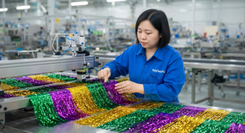 This is our adhesive application stage where dedicated taping stations precisely form the back glue layer on each tinsel fringe garland, delivering strong adhesion and product consistency for dependable wholesale performance.