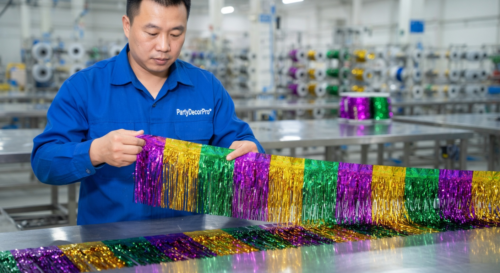 This is our quality inspection step where we verify fringe uniformity and adhesive coverage on every completed tinsel fringe garland, guaranteeing the highest standards and consistency for bulk wholesale orders.