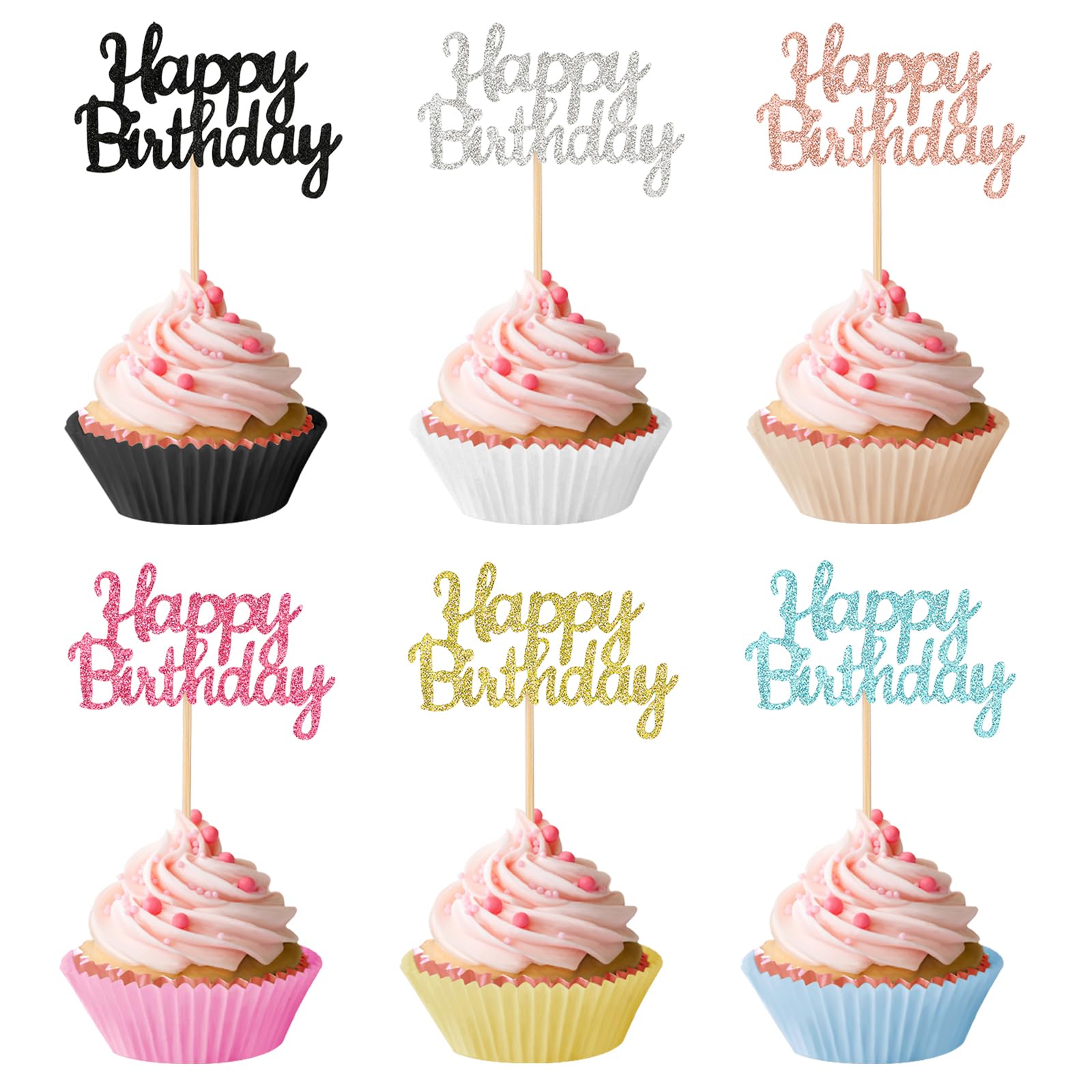 Custom Cupcake Toppers Wholesale - Glitter Happy Birthday Cake Decorations Toppers
