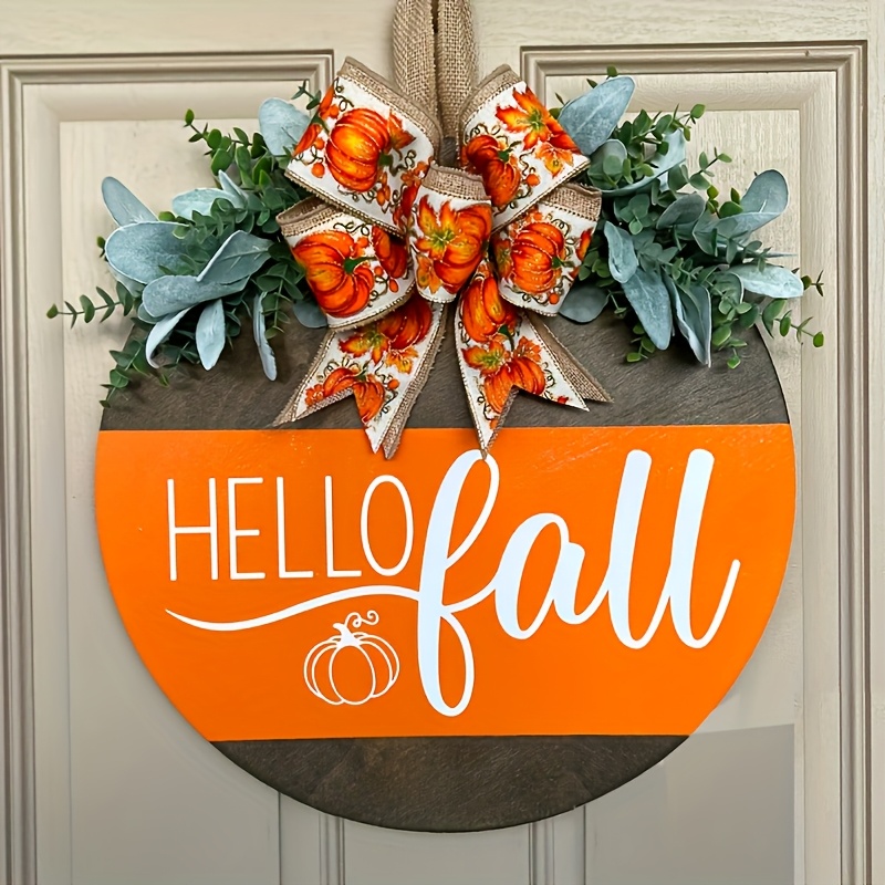 Wooden Sign Wholesale - Hello Fall Door Hanger with Pumpkin Ribbon