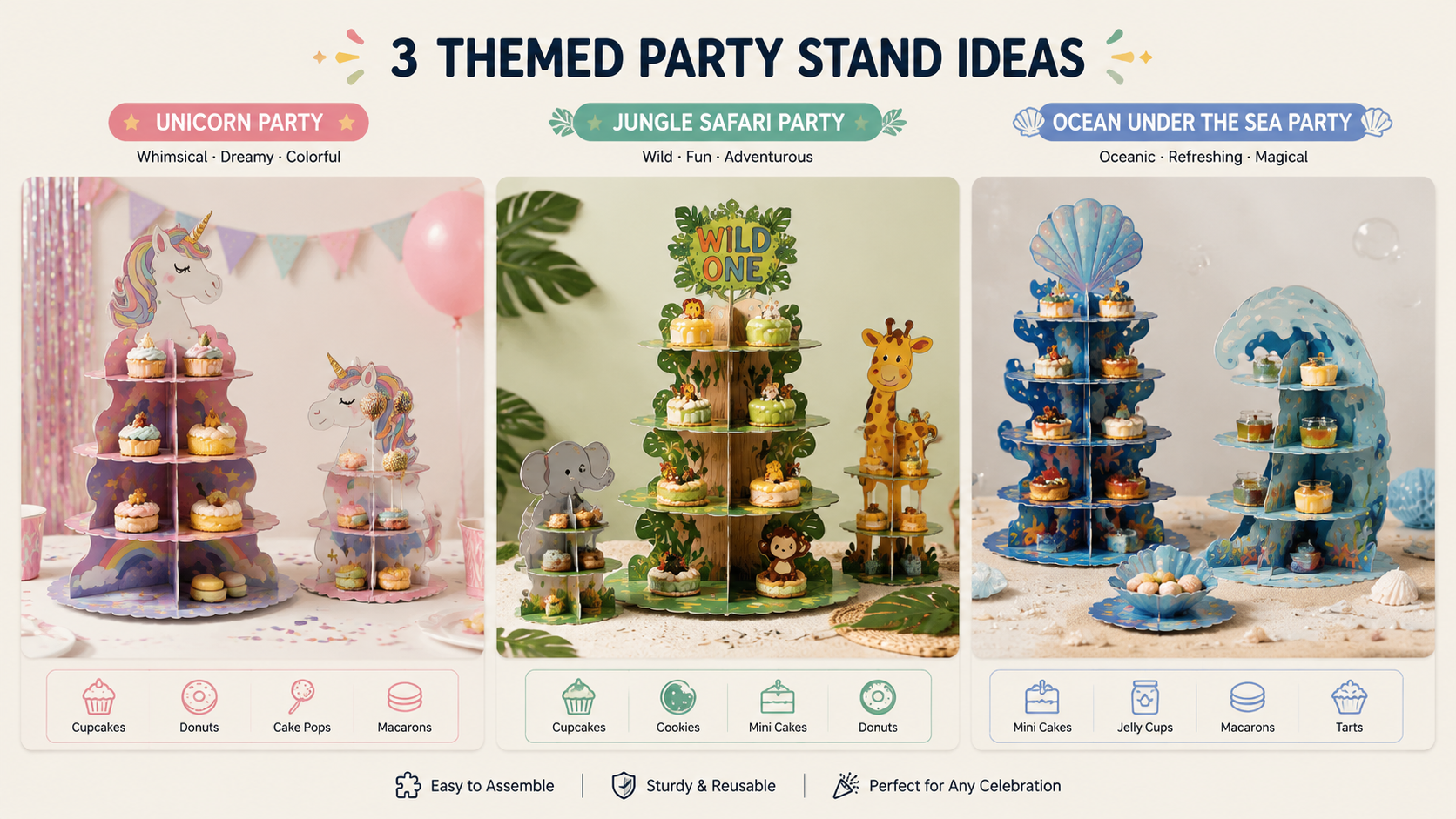 Colorful themed party dessert stands showcasing unicorn, jungle safari, and ocean themes with cupcakes and mini cakes.