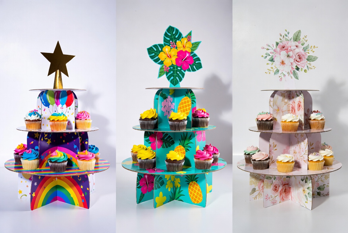 Three colorful 3-tier printed cardboard cupcake stands in birthday rainbow, tropical luau, and elegant floral garden themes, fully assembled with cupcakes, customizable for parties and events.